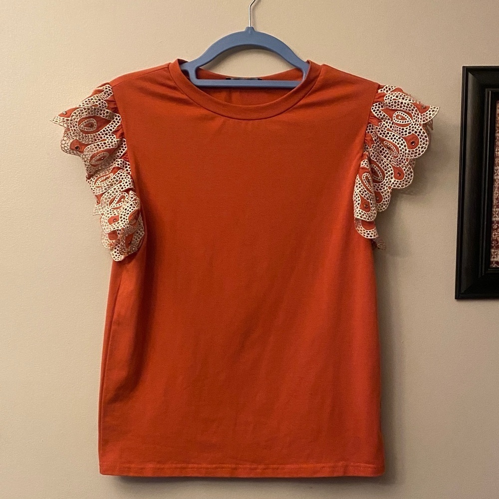OnTwelfth Orange Lace Embellished Sleeve Women's Top